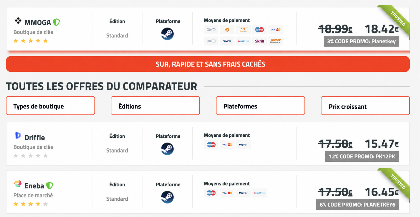 Exemple de comparaison des offres et codes promo